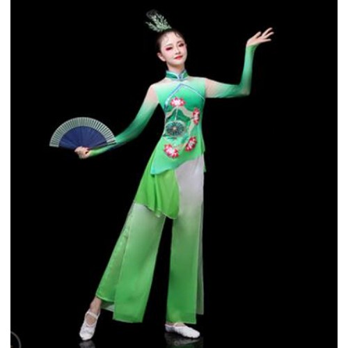 Women's chinese folk dance costumes blue yellow green gradient ancient traditional classical fan umbrella yanko dance costumes 